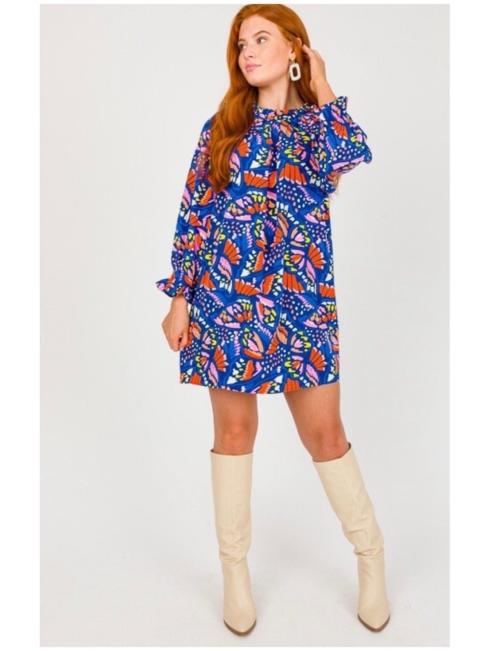 Michelle Mcdowell Women’s Sz S Blue Butterfly Print Mini Dress Long Sleeve